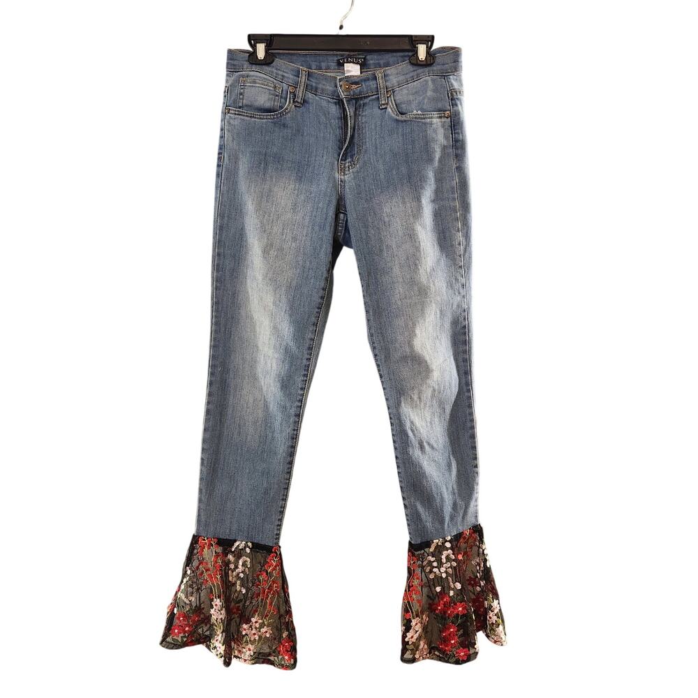 VENUS Midrise Jeans with Floral Lace Flared Hem, Size 4